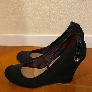 Black suede wedges with lacy ankle strap